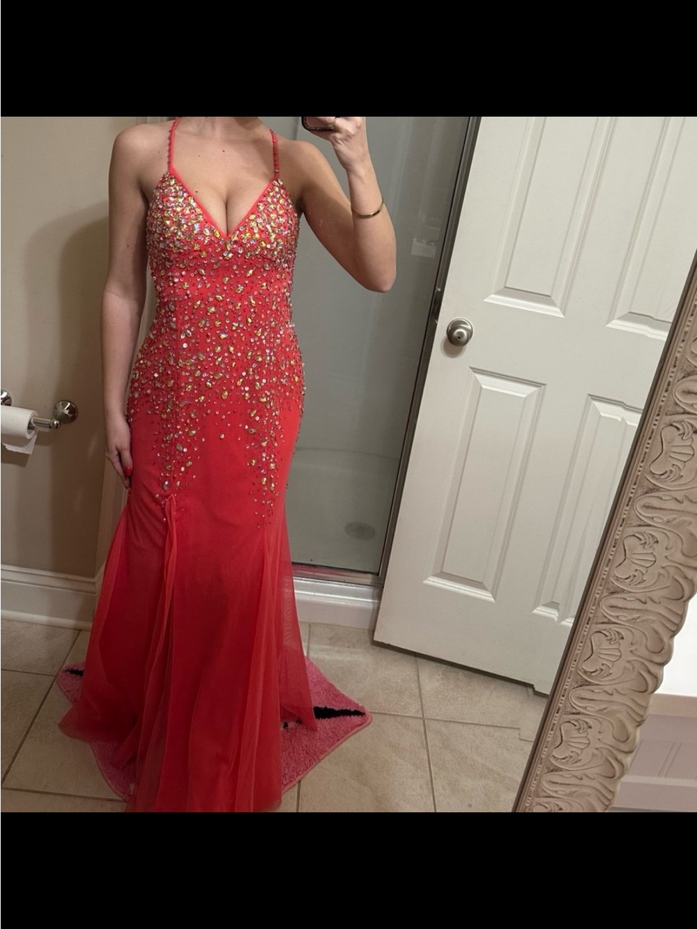 Coral Embellished Spaghetti-Strap Evening Gown